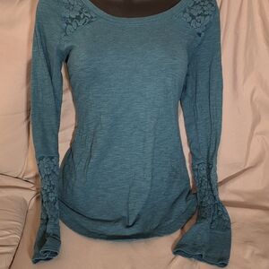 Maurices Teal Long Sleeve Top with Lace Detail
